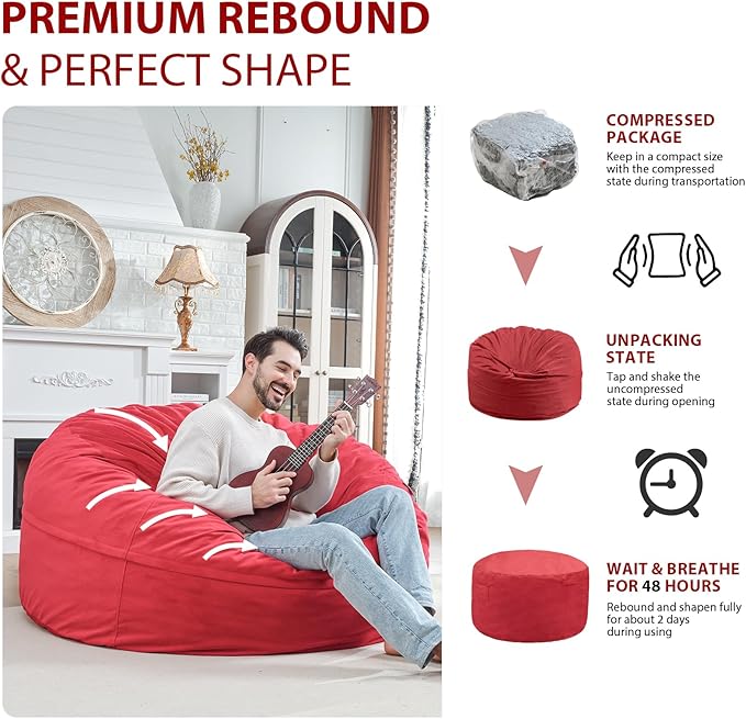 5FT Bean Bag Chair, Large Bean Bag Chairs with Memory Foam Filled, Fluffy Beanbag Sofa with Dutch Velvet Cover, Round BeanBag Chairs for Living Room, Playroom - Red