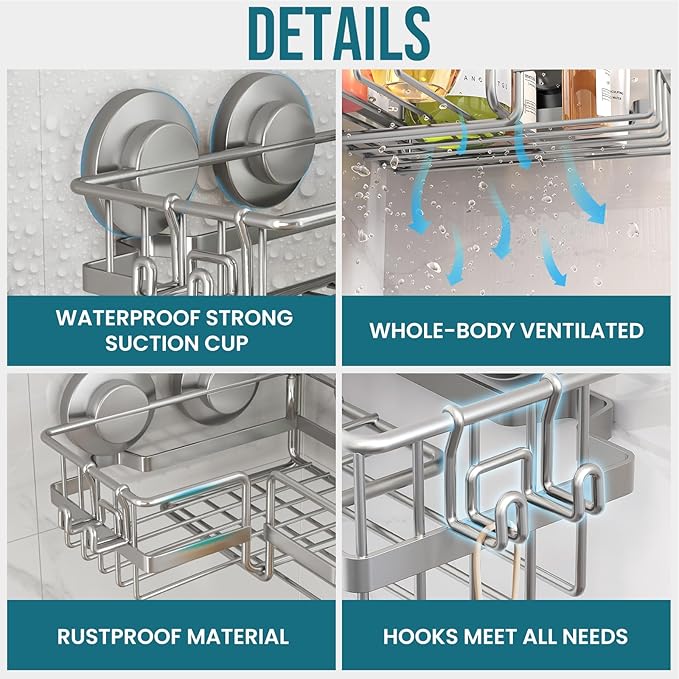 TAILI Corner-adaptive Suction Cup Shower Caddy 2 Pack, Stainless Steel Rustproof Corner Shower Shelves, Drill-Free Wall Mounted Baskets, Large Capacity, Removable Suction Cup Bathroom Organizer, Gray