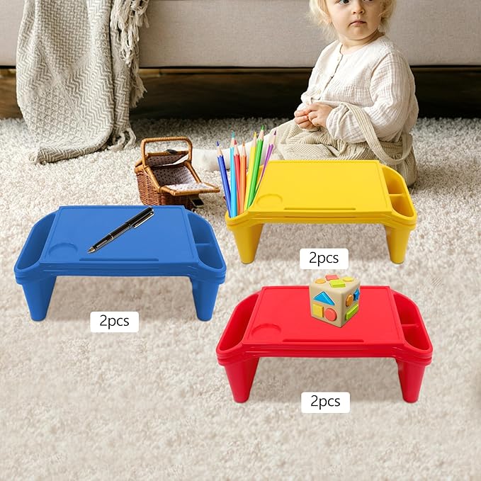 Set of 6 Kids Lap Desk Tray, Portable Activity Table, Plastic, Stackable for Drawing, Writing, Eating, Classroom, 19.69" L x 9.84" W x 7.09" H (Red, Blue, Yellow)