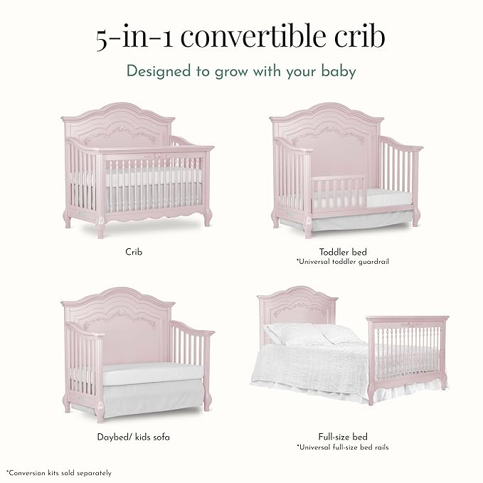 évolur Aurora 5-in-1 Convertible Full-Size Baby Crib in Dusty Rose, GreenGuard Gold & JPMA, 3 Mattress Heights, Ribbon Bow Scrollwork & Queen Anne Feet, Converts to Toddler, Day & Full-Size Bed