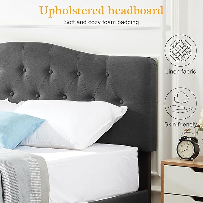 VECELO Full Size Bed Frame Upholstered Platform with Tufted Adjustable Headboard/Mattress Foundation Wood Slat Support/Easy Assembly,Grey
