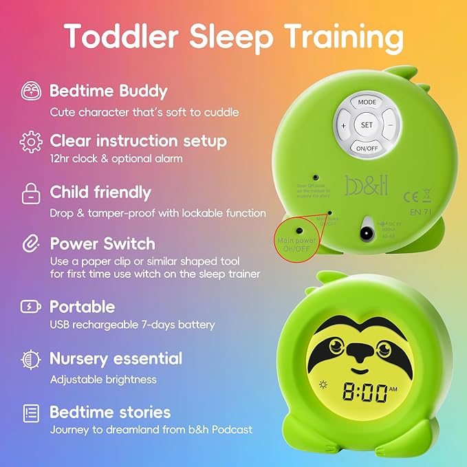 B&H Sleep Trainer Clock for Toddler - Ok to Wake Clock, USB Rechargeable Cute Kids Alarm Clock, Drop Proof Night Light, Science-Backed Lighting for Peaceful Sleep and Ready to Rise Mornings - Sloth