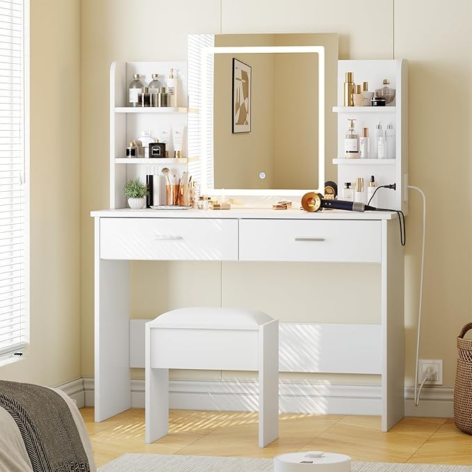 GAOMON Makeup Vanity Desk with Lights and Mirror, Vanity Table with 3 Lighting Modes, Storage Drawer, Shelves, Charging Station and Included Stool for Bedroom, White