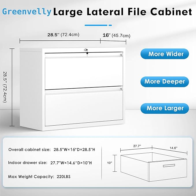 Pataku Lateral File Cabinet, 2 Drawer File Cabinet with Lock, White Filing Cabinets for Home Office, Metal File Cabinet for Hanging Files/Letters/Legal/F4/A4(White)