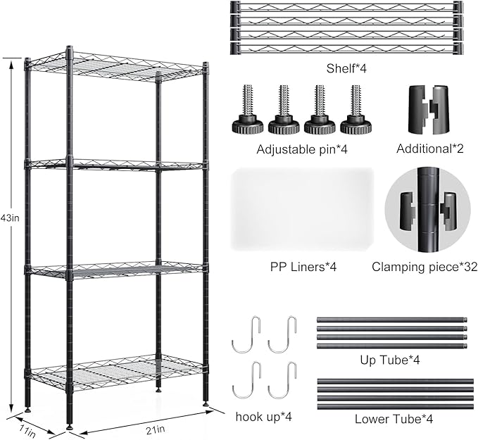 4 Tier Shelves Storage, Wire Shelf Unit, Standing Adjustable Metal Shelves Organizer, Storage Racks for Restaurant Garage Pantry Kitchen Garage(21.2 '' x 11.4" x 43.3 ")