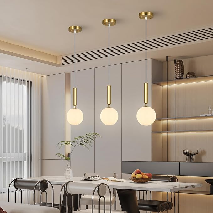 Modern Hanging Light Fixture Pendant Lighting for Kitchen Island Mid Century Gold Pendant Lights with Globe Milky White Glass Pendant Light for Bedroom Bathroom Entryway (3 Pack)