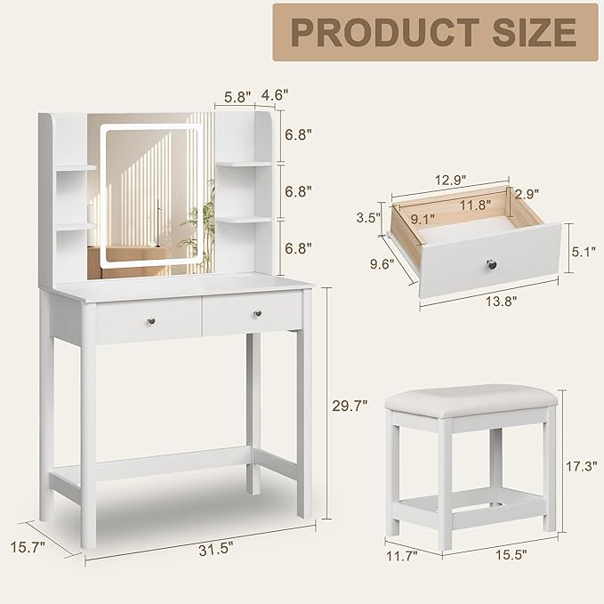 Vanity Desk with Mirror and LED Lights, Small Makeup Vanity Table Set with Drawers and Chair, Dressing Table with Power Outlet for Girls Bedroom, White