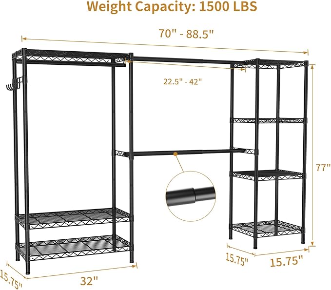Heavy Duty Garment Rack Clothes Rack,Large Metal Closet Organizer System Storage Wardrobe,Freestanding Clothing Rack with 9 Adjustable Wire Shelves&3 Hang Rods,MaxLoad 1500lbs