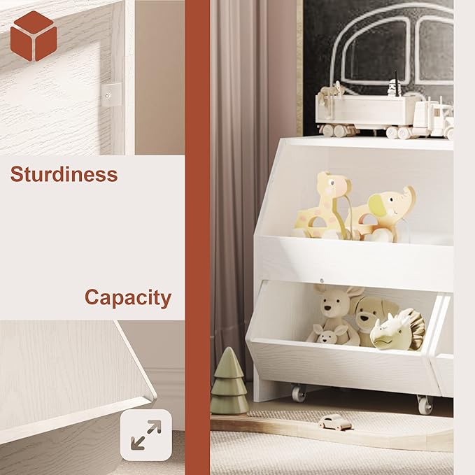 Toy Storage and Organizer for Kid, Large Toy Bin Bookcase Toy Cabinet with Two Moveable Drawers, Children Toddler Storage Carbinet with Wheels for Playroom, Bedroom, Nursery