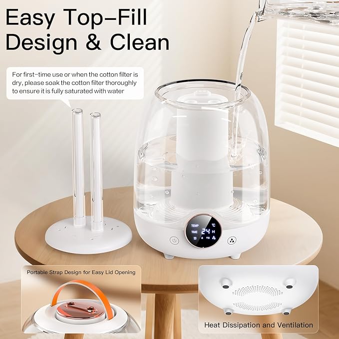 Humidifiers for Bedroom, 3L Tank for 30H 20dB Quiet Mist Time, Dual Nozzles, LED Lights, Smart Timer (2/4/8 Hours), Auto Shut-Off, Perfect for Baby and Large Rooms, (White)