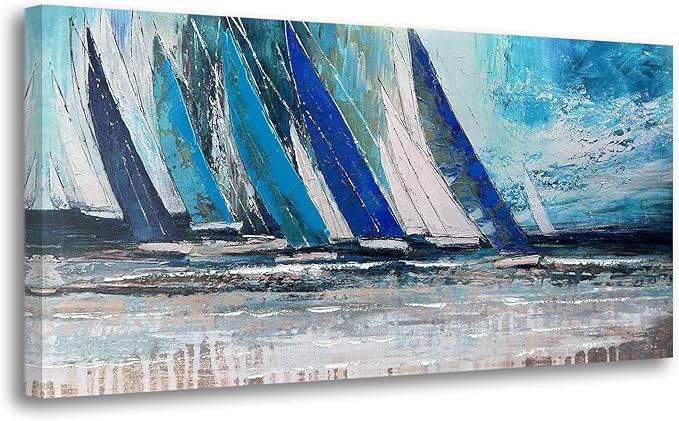 Arjun Blue Abstract Wall Art Canvas Teal Ocean Sailboat Picture Modern Turquoise Coastal Nautical Painting Large 40"x20" Framed Textured Artwork for Living Room Bedroom Bathroom Home Office Wall Decor