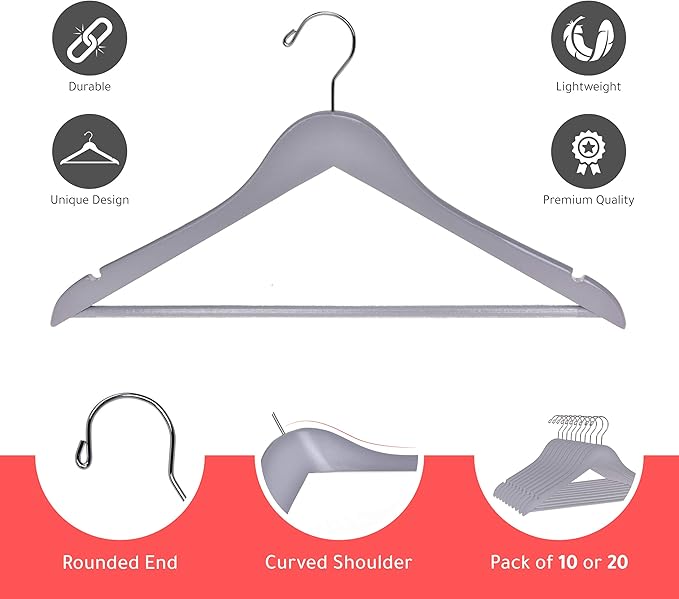 Quality Wooden Hangers - Slightly Curved Hanger Set of 10-Pack - Solid Wood Coat Hangers with Stylish Chrome Hooks - Heavy-Duty Clothes, Jacket, Shirt, Pants, Suit Hangers (Gray, 10)