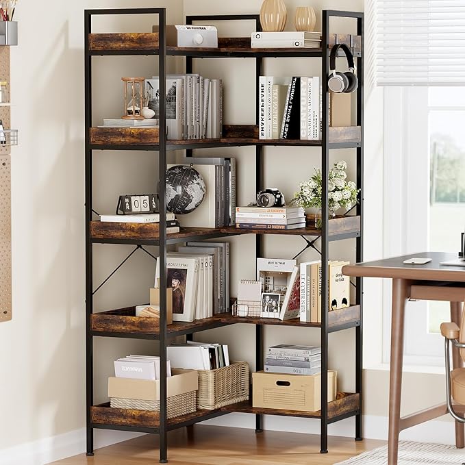 KOUSEI 5-Tier L-Shaped Reversible Corner Bookshelf, 65" Rustic Brown Industrial Wood & Metal Bookcase, Wide Open Shelves + 4 Hooks for Living Room/Bedroom/Home Office