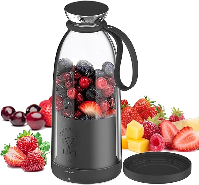 Portable Blender, Personal Smoothie Maker with 6 Blades, Rechargeable Mini Juicer Cup, 17 oz with Travel Lid for Outdoors, Camping, Office, Kitchen (Black)