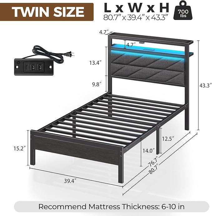 Seventable Bed Frame Twin Size with Charging Station, LED Bed with Upholstered Storage Headboard, Metal Platform Bed with Under Bed Storage, No Box Spring Needed, Noise Free, Easy Assembly, Grey
