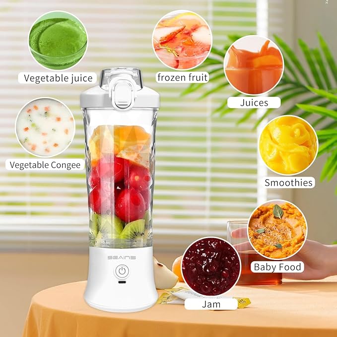 Portable Blender with 20 Oz Travel Cup, 6 Blades, USB Rechargeable for Shakes, Smoothies, Gym, Kitchen and Outdoors (White)
