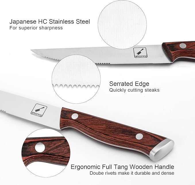 imarku Steak Knives, Serrated Steak knives Set of 6, Japanese HC Steel Knife Set, Premium Serrated Carbon Stainless Steel Steak Knife with Gift Box,9 Inches/Piece, Silver