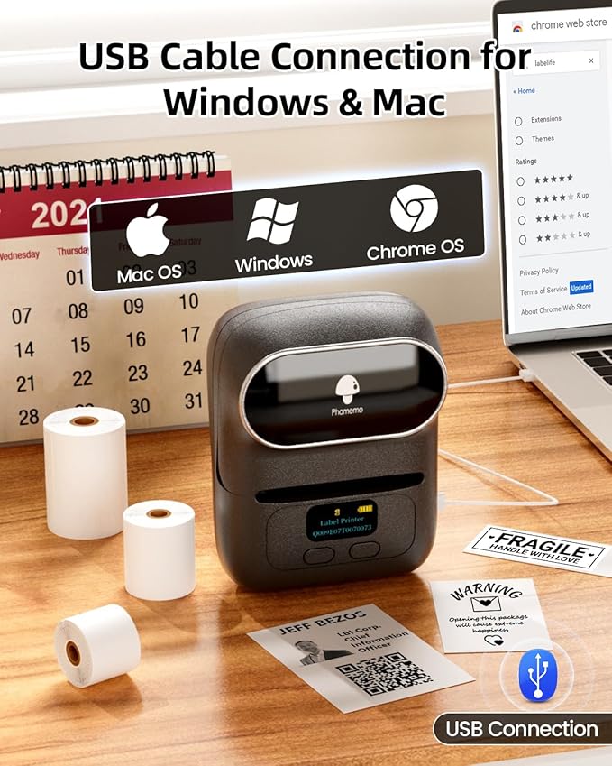 Phomemo Label Maker - M110 Address Label Printer Bluetooth Thermal Printer for Business, Office, School, Home-use, Barcode, Logo, Clothing Labels, with 3 Label Roll, Black