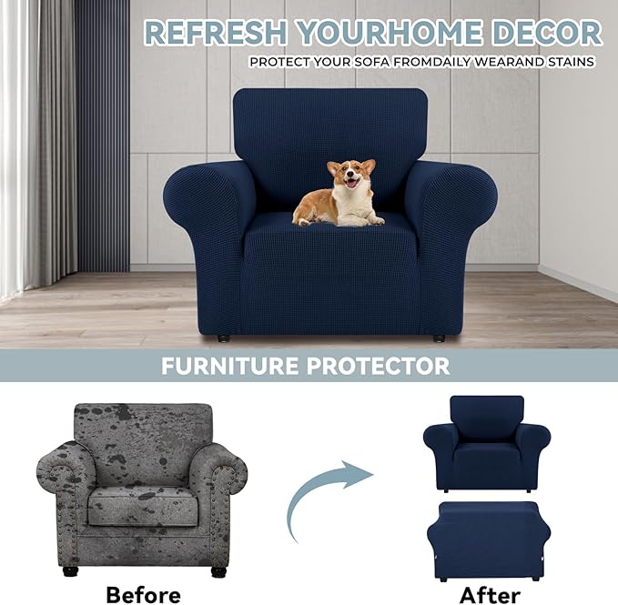 LURKA Stretch Chair Sofa Slipcovers 1 Piece Couch Covers for Sofa Furniture Protector Full Sofa Covers with Elastic Bottom for Kids and Dog (Small, Navy)