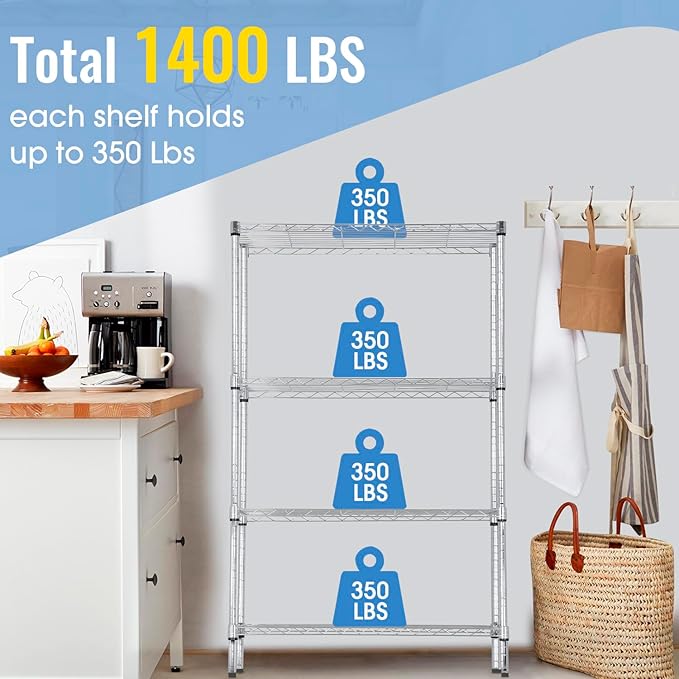 PayLessHere 4-Tier Adjustable Shelf Shelving Unit Shelves Shelf Heavy Duty Storage Steel Organizer Wire Rack (350 lbs Loading Capacity per Shelving) with Wheels Multi-Function Easy Assembly,Chrome