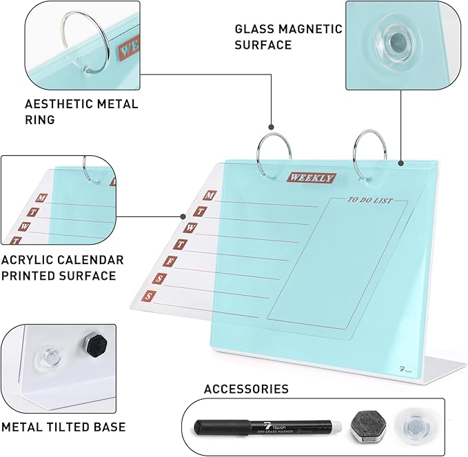 Desktop Glass Dry Erase & Acrylic Aesthetic Calendar Weekly to-do List Combo, Small Magnetic Standing Whiteboard, Desk Flip Easel Calendar with Accessories for Home Office Supply, Teal Blue, 9 x 7''