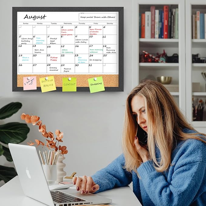 Dry Erase Calendar for Wall, 18x24 Inches Calendar Whiteboard for Wall, Magnetic Monthly White Board Corkboard with Wood Framed, Hanging Dry Erase Board for Kitchen Home Office School Planner