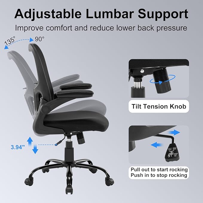 Office Chair Ergonomic Desk Chair Mesh Computer Home Office Desk Chair with Adjustable Lumbar Support Flip-up Armrests, 360 Swivel Comfy Task Executive Chair, Black