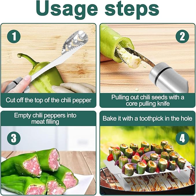 2Pcs Jalapeno Poppers Rack for Grill with Pepper Corer Tool, 18 Holes Poppin Popper holder jalapeños Vooker Pepper Grilling Rack, Stainless Steel Chili Roasting Rack BBQ Pepper Holder