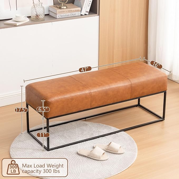 Entryway Bench for Bedroom End of Bed, Modern Ottoman with Faux Leather Upholstered Seating, Metal Frame Leather Bench for Bedroom Living Room Entryway [47'', Vintage Brown]