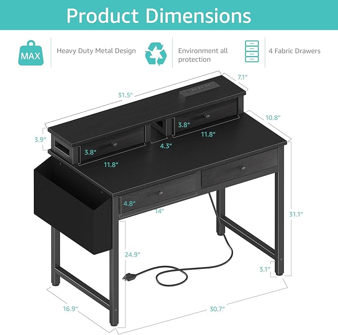 Lufeiya Small Desk with Drawers for Home Office Bedroom, 31 inch Black Writing Study Desks with Fabric Drawers Storage, Gaming Desk Table with Power Outlet & Monitor Stand, Black