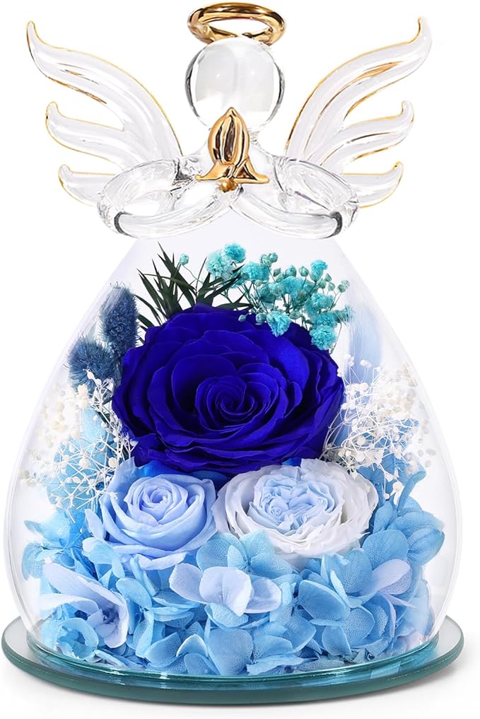 Flowers for Delivery, Christmas Decor Birthday Gifts for Mom Grandma Women, Preserved Rose Forever Flower in Glass Angel Figurines Real Fresh Bouquet for Wife Sister Her from Daughter
