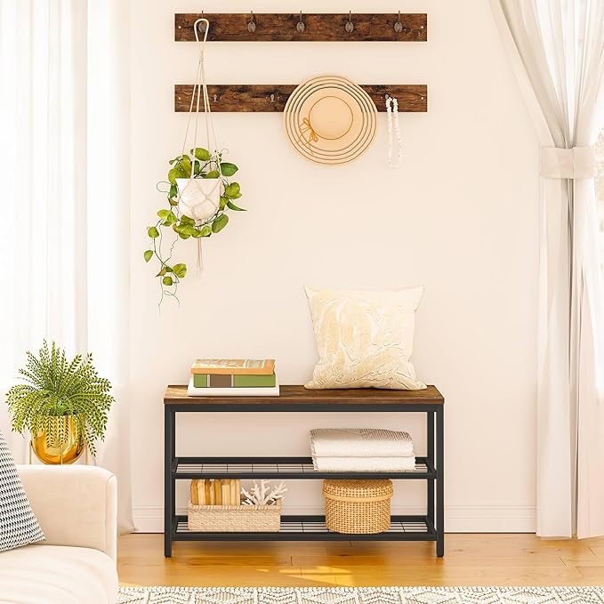 HOOBRO Hall Tree with Bench, Coat Rack Shoe Bench Set, Entryway Shoe Rack with Coat Hooks, Hall Tree Coat Rack, Mud Room, Industrial, for Foyer, Front Door, Rustic Brown BF07MT01