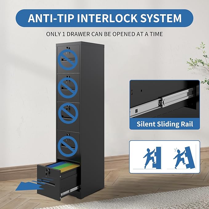 5 Drawer File Cabinet with 5 Individual Locks, Vertical Metal Filing Cabinet Home Office Narrow Locking File Cabinets for A4/Legal/Letter File Folders, Anti-Tilt Design, Need Assemble (Black)