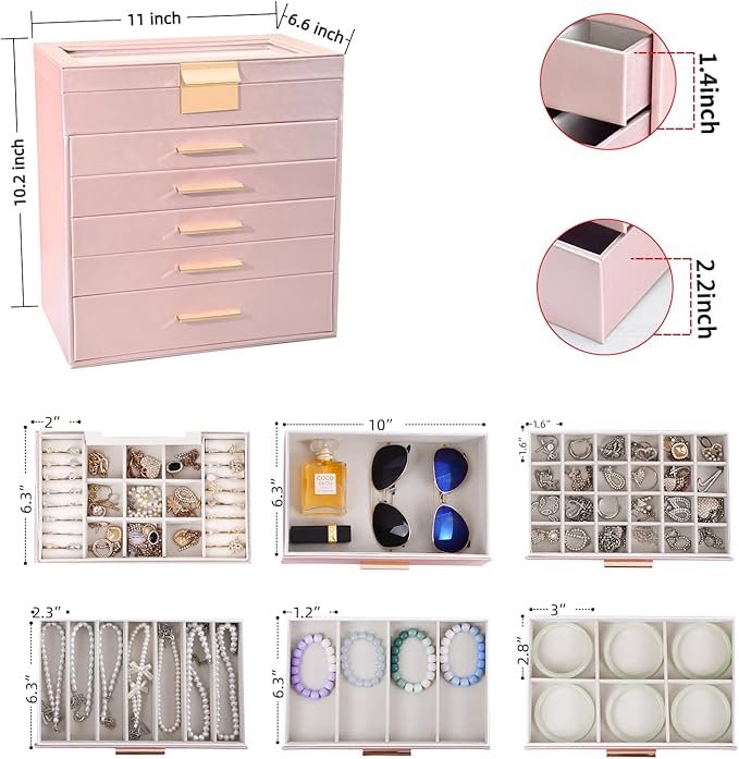 BOOVO Jewelry Boxes for Women, White and Black 6 Layer Large Jewelry Box for Necklace, Bracelet, Earrings, Rings Storage, Jewelry holder Organizer for Girls Gift (Rose gold, 6 layer)