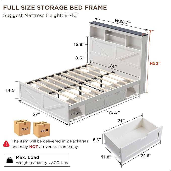 ACCOHOHO Farmhouse Full Size Bed Frame with 52" Tall Storage Headboard and LED Light, Wood Platform Bed with 4 Drawers, Charging Station, Solid Wood Slats Support, No Box Spring Needed, Antique White