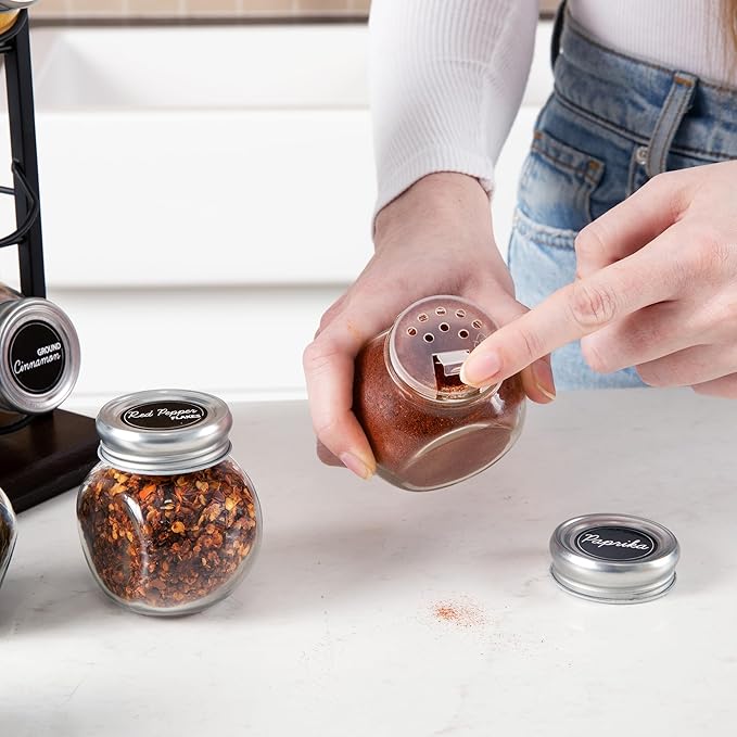 Orii 16 Jar Acacia Wood & Metal Wire Spice Rack with Spices Included, Storage for Spices and Seasoning, Black & Brown