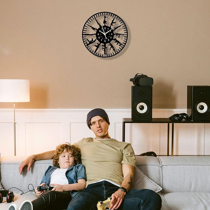 Guns LED Vinyl Record Wall Clock, 12 Inch 7-Color Night Lamp Firearms Decoration Home Theme Clock, Black Wall Decor for Kid's Room/Game Room/Living Room, A Gift for Boy/Boyfriend/Husband/Friend