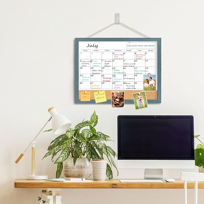 Whiteboard Calendar & Corkboard for Wall, 17x13 Inches Dry Erase Monthly Calendar with Wood Framed, Magnetic White Board Cork Board Combo, Bulletin Board for Home Office Kitchen Memo Planner