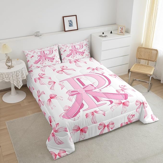 jejeloiu Kids Girls Cute Pink Bow Comforter Set Toddler Size Monogrammed Bedding Set Ultra Soft Personalized Initial P Duvet Quilt Coquette Bow Knot Quilt Set Room Decor Modern Fashion Comforter