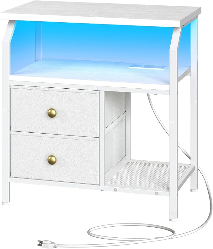 HOOBRO 23 inch Wide Nightstand with Charging Station and LED Light, Night Stand with 2 Fabric Drawers, Bedside Table, Dresser with Open Storage Shelf, End Side Table for Bedroom, White WT160UDBZ01