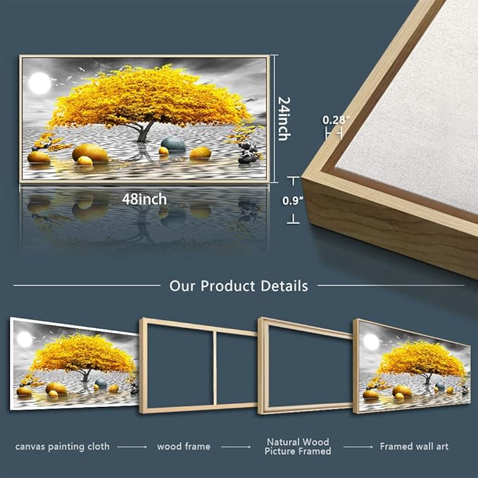 Black And White Wall Art - Framed Canvas Wall Decor For Living Room, Bedroom, Office - Large Size 24" X 48" - Boho Yellow Tree Painting - Natural Wood Frame