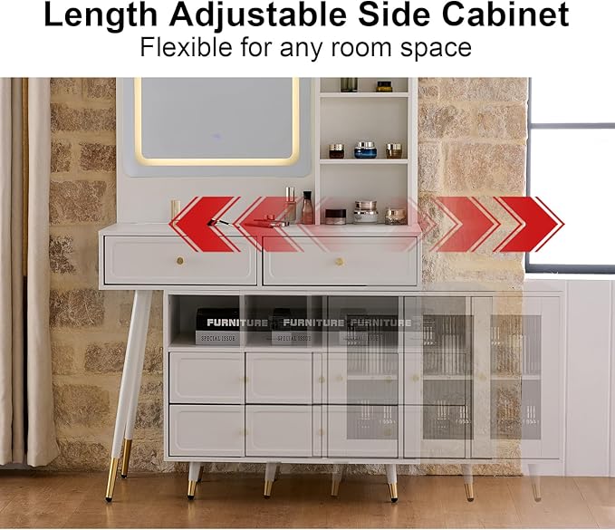 Merax 58" Large Vanity Desk with Mirror and Lights, Modern White Makeup Vanity Set with Stool and Power Outlet, Retractable Dressing Table with Drawers and Side Cabinet for Bedroom Women