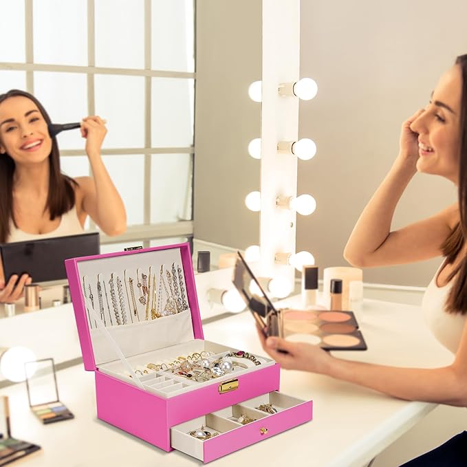 2-Layer Jewelry Box for women, jewelry organizers and storage with Removable Jewelry Tray, vintage quilted top Lockable Jewelry Holder Gift Idea Rose Red