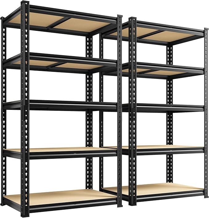 Set of 2 Storage Shelves, 27.7"W Metal Shelving 2010LBS Garage Shelving Heavy Duty Garage Shelves Adjustable Metal Shelf for Pantry Kitchen Closet Basement Warehouse 11.9"D × 27.7"W × 60"H