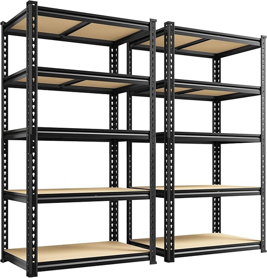 Set of 2 Storage Shelves, 27.7"W Metal Shelving 2010LBS Garage Shelving Heavy Duty Garage Shelves Adjustable Metal Shelf for Pantry Kitchen Closet Basement Warehouse 11.9"D × 27.7"W × 60"H