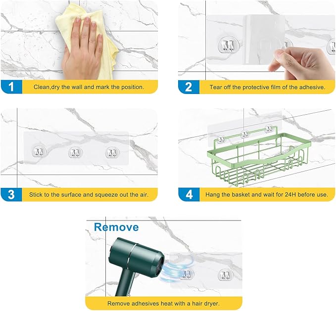 Adhesive Shower Caddy, No Drilling Bath Organizers 5 Pack, Rustproof Shelves with Soap Holder & Toothbrush Holder, Bathroom Organizers and Storage, Green