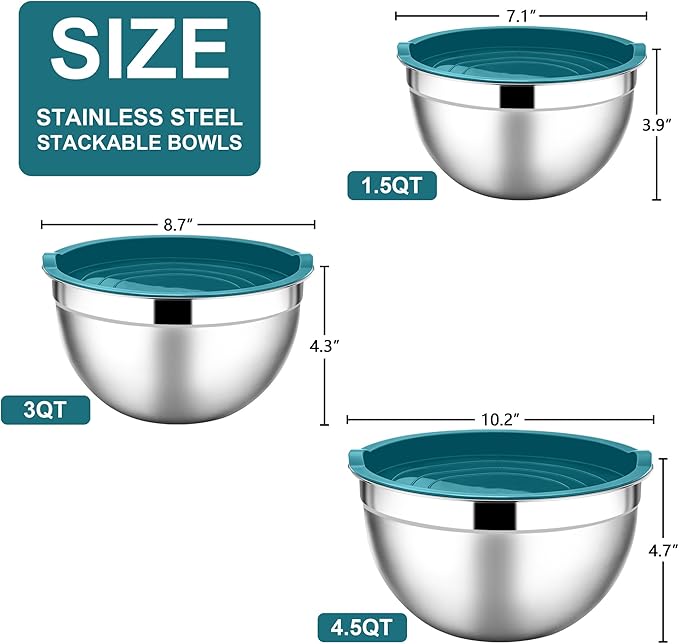 E-far Mixing Bowls with Lids, 6-Piece Stainless Steel Salad Bowls Metal Nesting Bowls for Baking Cooking and Prepping, Airtight Lids & Stackable Design, Size 4.5, 3, 1.5 QT (Blue)