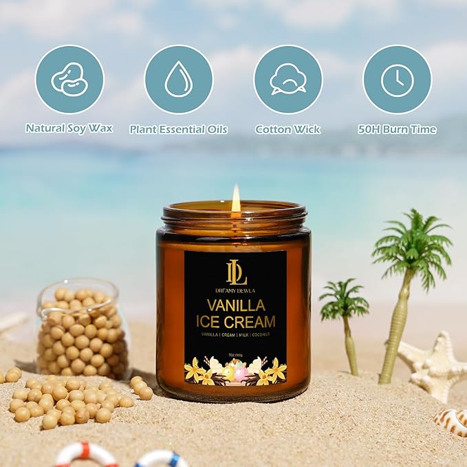 Vanilla Ice Cream Candles, 7oz Vanilla Ice Cream Scented Candle, Natural Soy Candles for Home Scented, Long Lasting with 50 Hour Burn Time, Gifts for Men Women