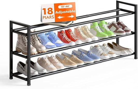 Bumusty 3-Tier Long Expandable Shoe Rack for Closet, 18"-44" Adjustable Shoe Rack for Entryway, 15-18 Pairs Large Shoe Organizer Shelf Storage, Sturdy Metal, Black