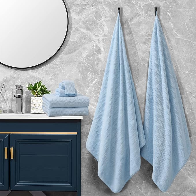 Blue Bathroom Towels Set Of 4, 35x70 Inches Oversized Bath Towels Extra Large Microfiber Shower Towels Textured Ultra Soft Absorbent Quick Dry Towel Bath Sheets Towels For Adults Bathroom Hotel Spa